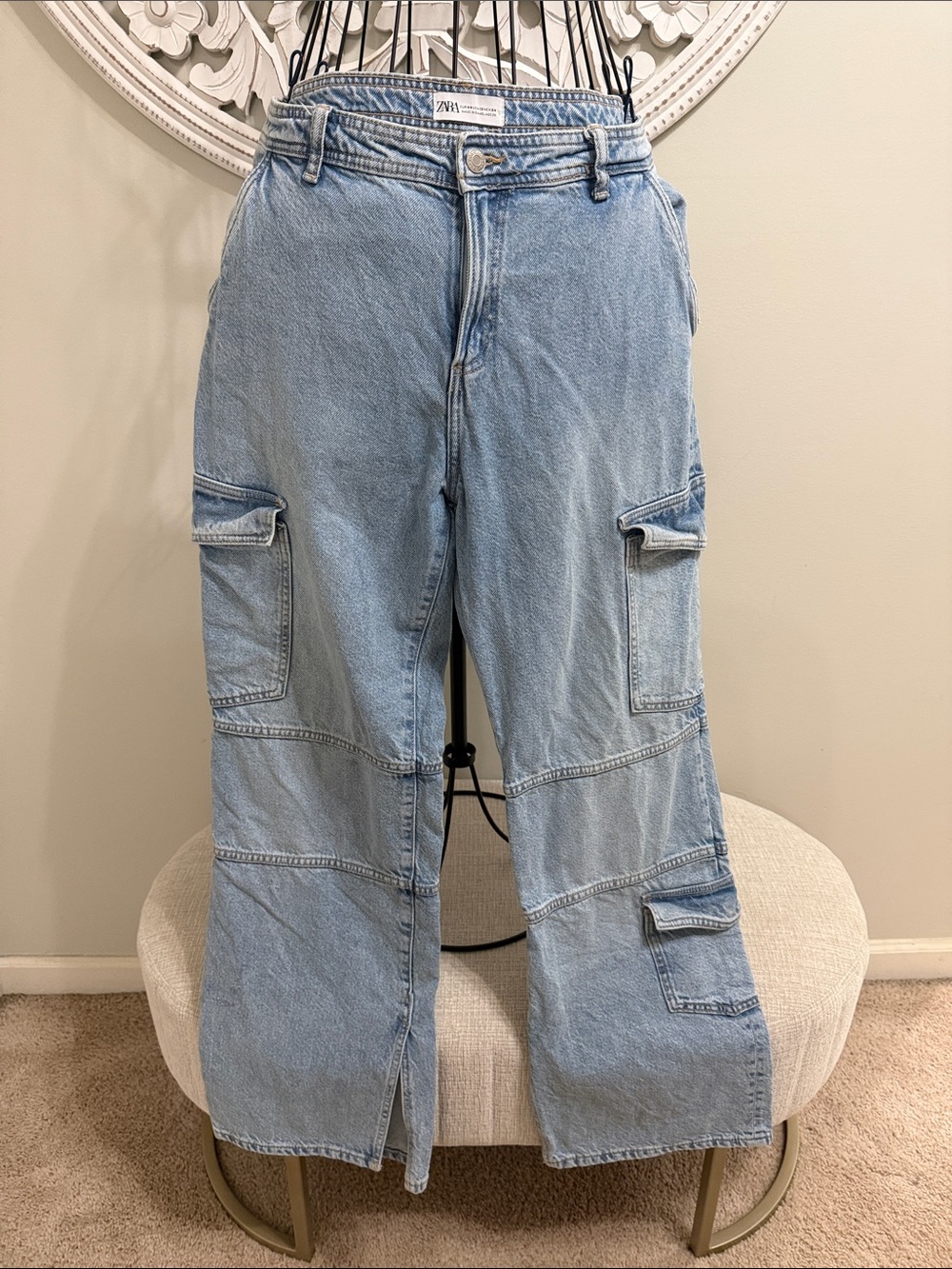Zara Light Wash Straight Leg Cargo Jeans